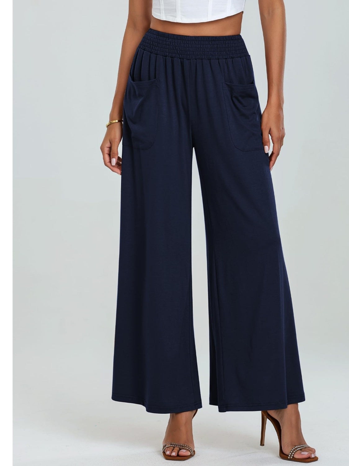 Pocketed Elastic Waist Wide Leg Pants Trendsi