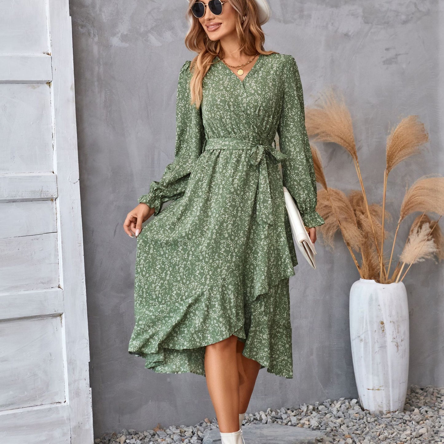 Flowers Print Long Sleeve Dress Fashion Ruffled Commuter Temperament Dresses Womens Clothing ARZ