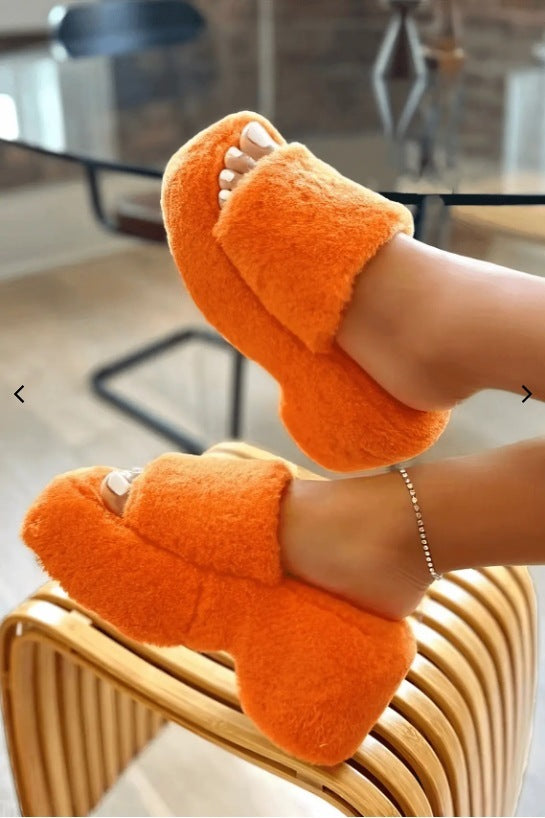 Square Head Fleece-lined Thick Slippers Warm Women ARZ