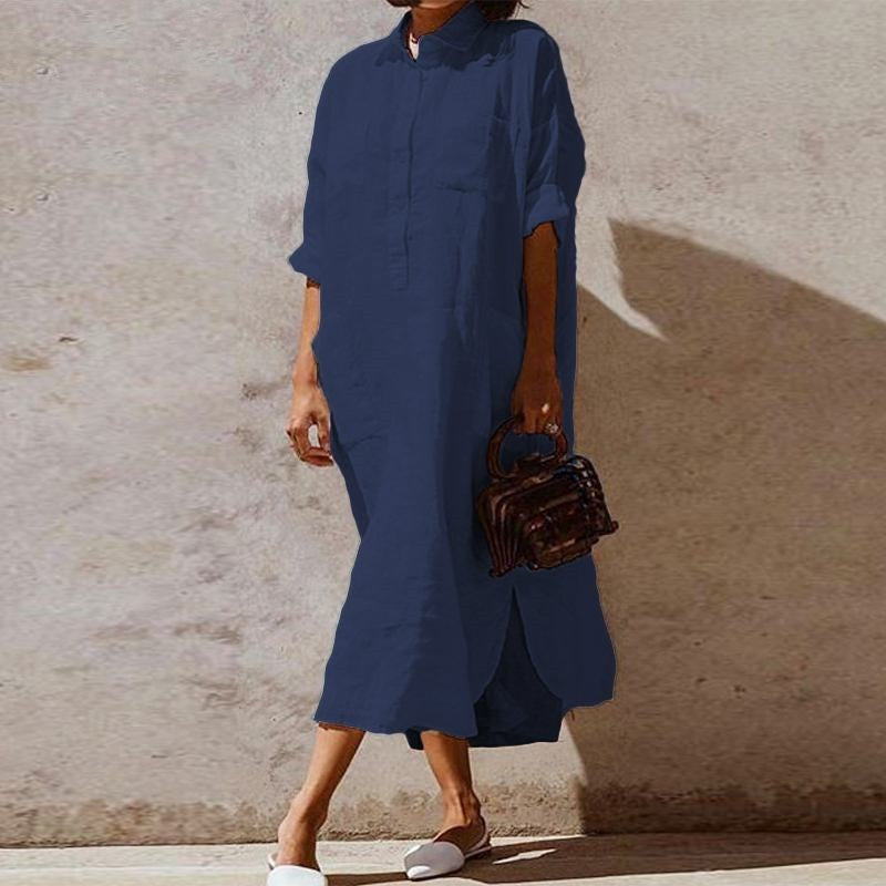 Elegant Solid Color Slit Dress Long Shirt Dress ARZ