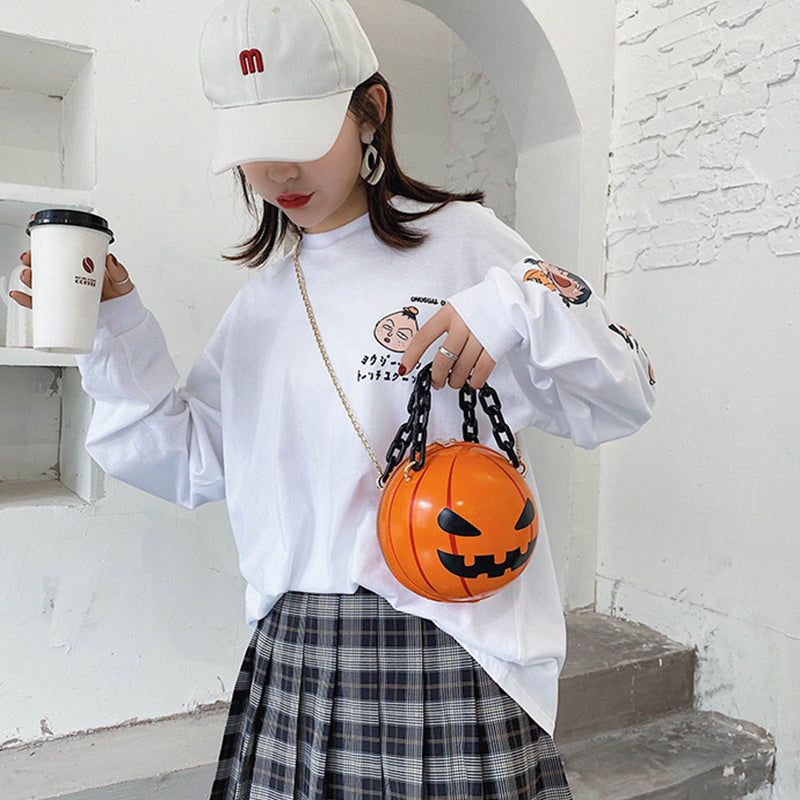 Halloween Cartoon Pumpkin Ball Handbags With Chain Personality Creative Funny Shoulder Bags For Kids Women ARZ