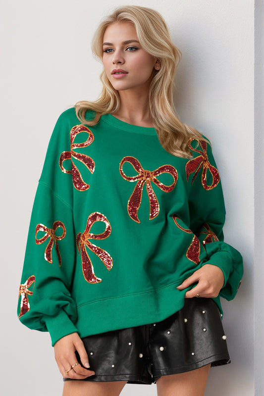 Double Take Christmas Bow Sequin Round Neck Dropped Shoulder Sweatshirt Trendsi