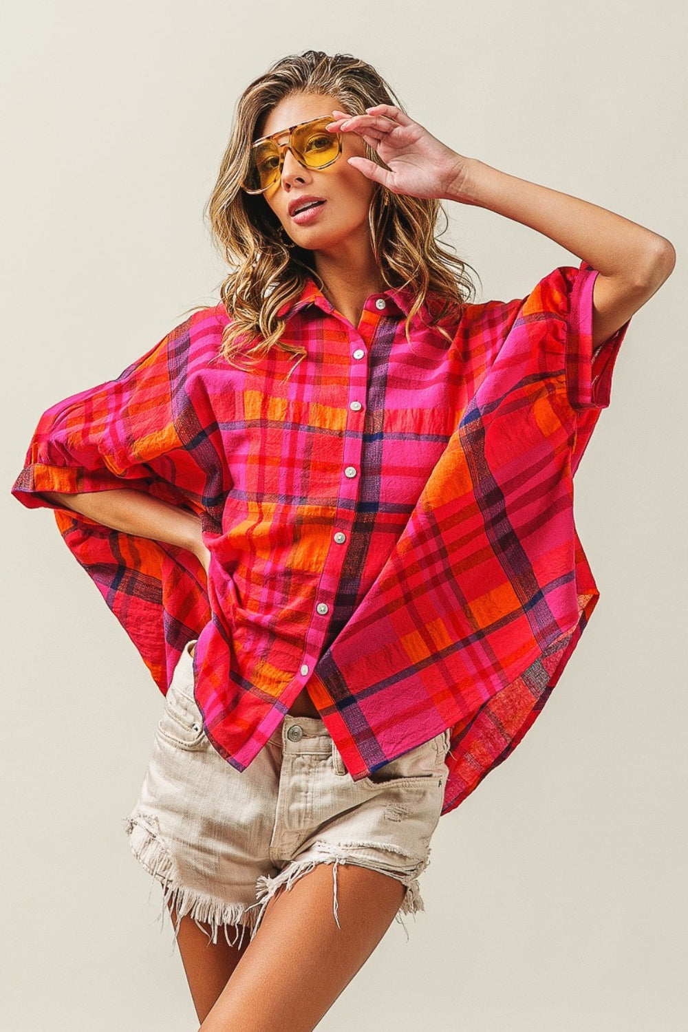 BiBi Button Up Dolman Sleeve Plaid Shirt Trendsi