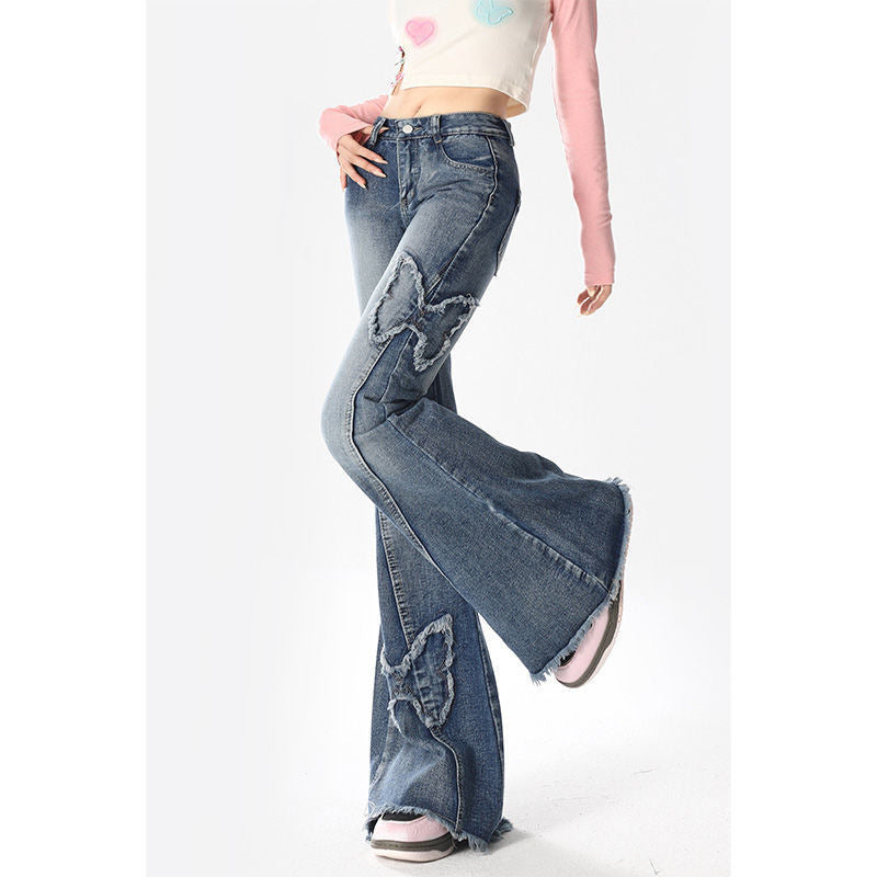 American Retro Butterfly Embroidery Slightly Flared Jeans Women ARZ