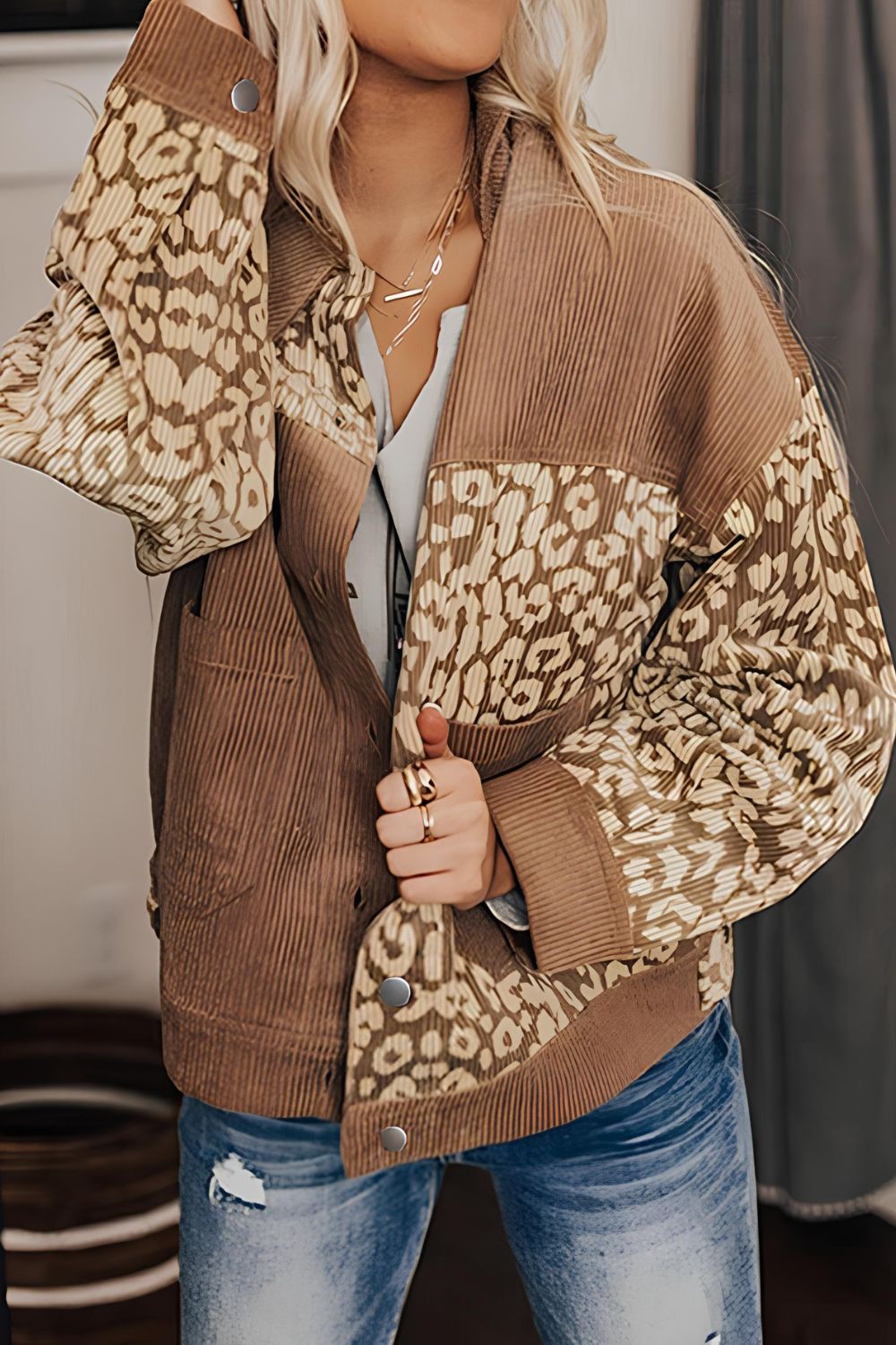 Leopard Button Up Drop Shoulder Jacket Trendsi