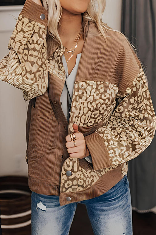 Leopard Button Up Drop Shoulder Jacket Trendsi