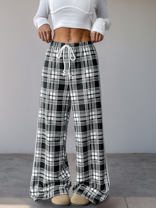 Perfee Drawstring Plaid Wide Leg Pants Trendsi