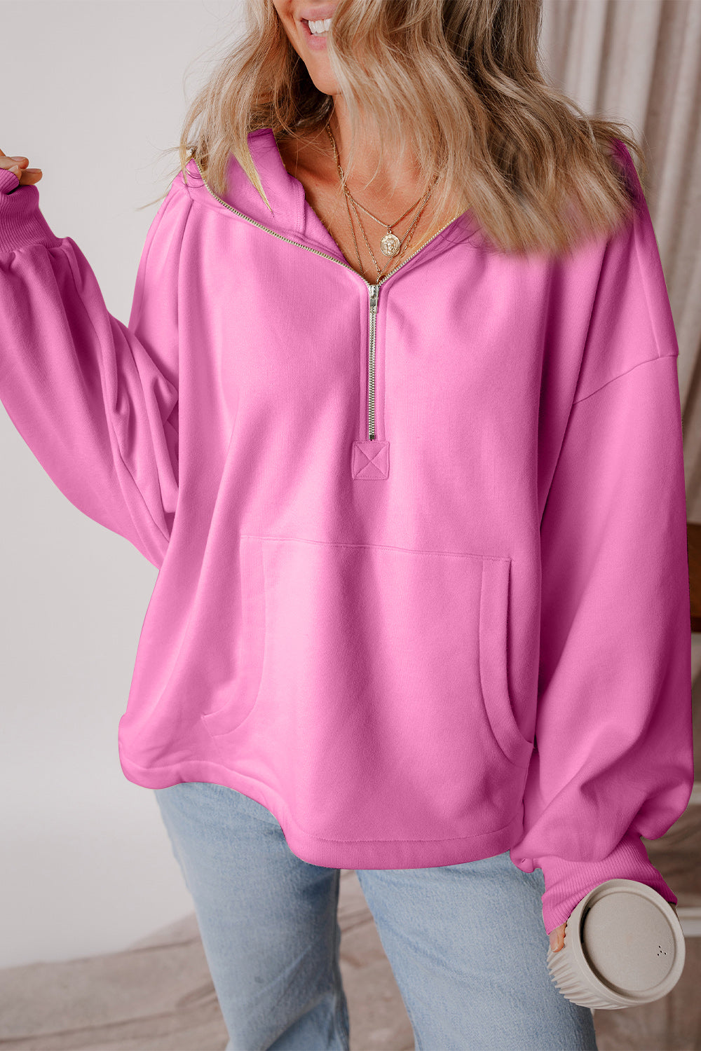 Pocketed Half Zip Dropped Shoulder Hoodie Trendsi