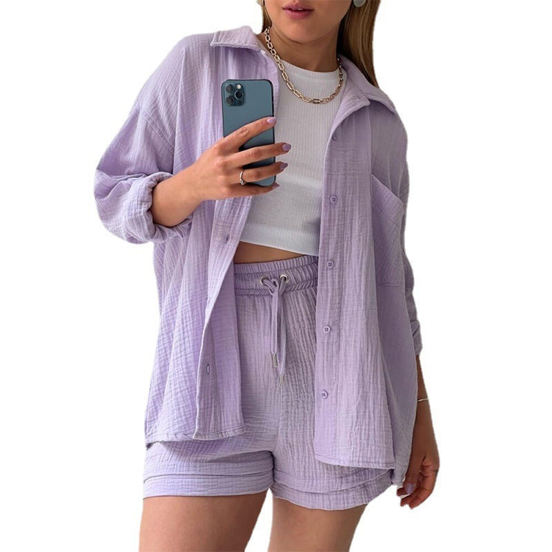 Spring Champray Lapel Long Sleeve Shirt High Waist Drawstring Shorts Plus Size Fashion Casual Set ARZ