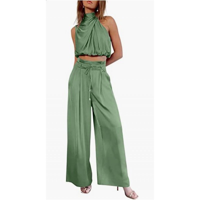 Summer Suits Casual Sleeveless Midriff-baring Top And Wide Leg Pants 2pcs Set Womens Clothing ARZ