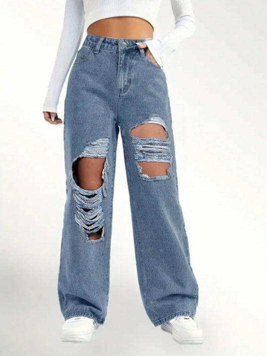 Distressed Wide Leg Jeans Trendsi