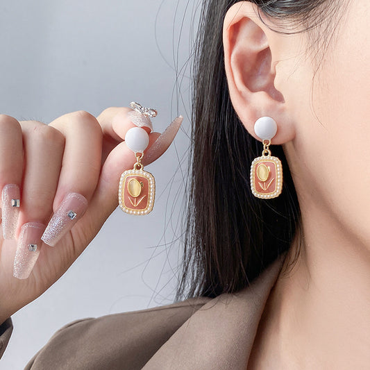 S925 Tulip Opal Stone Ear Studs Cube Sugar Pearl French Vintage Earrings Cream Color ARZ