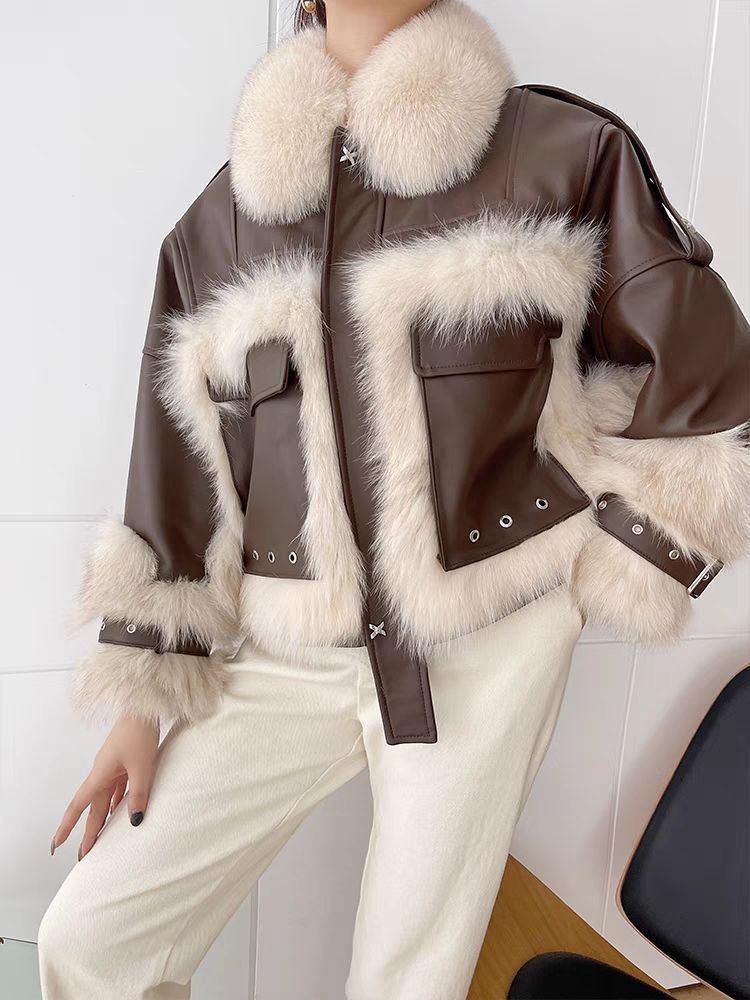 Sense Fox Fur Stitching Leather Coat ARZ