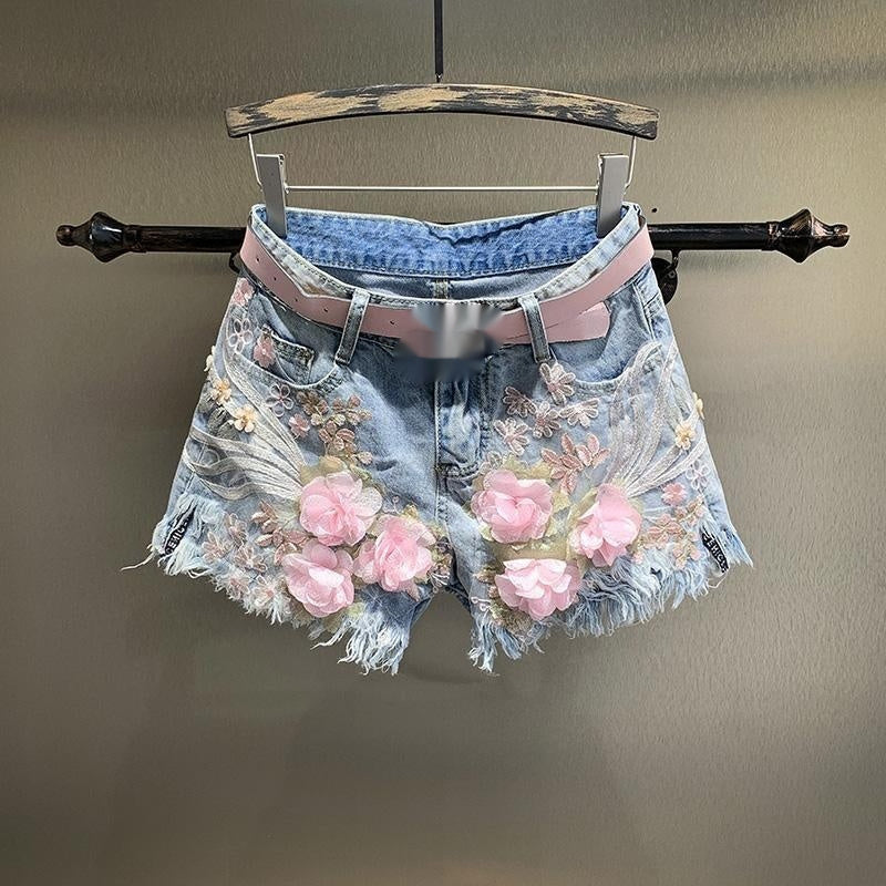 New Embroidery Beads Loose Straight Denim Shorts Women ARZ