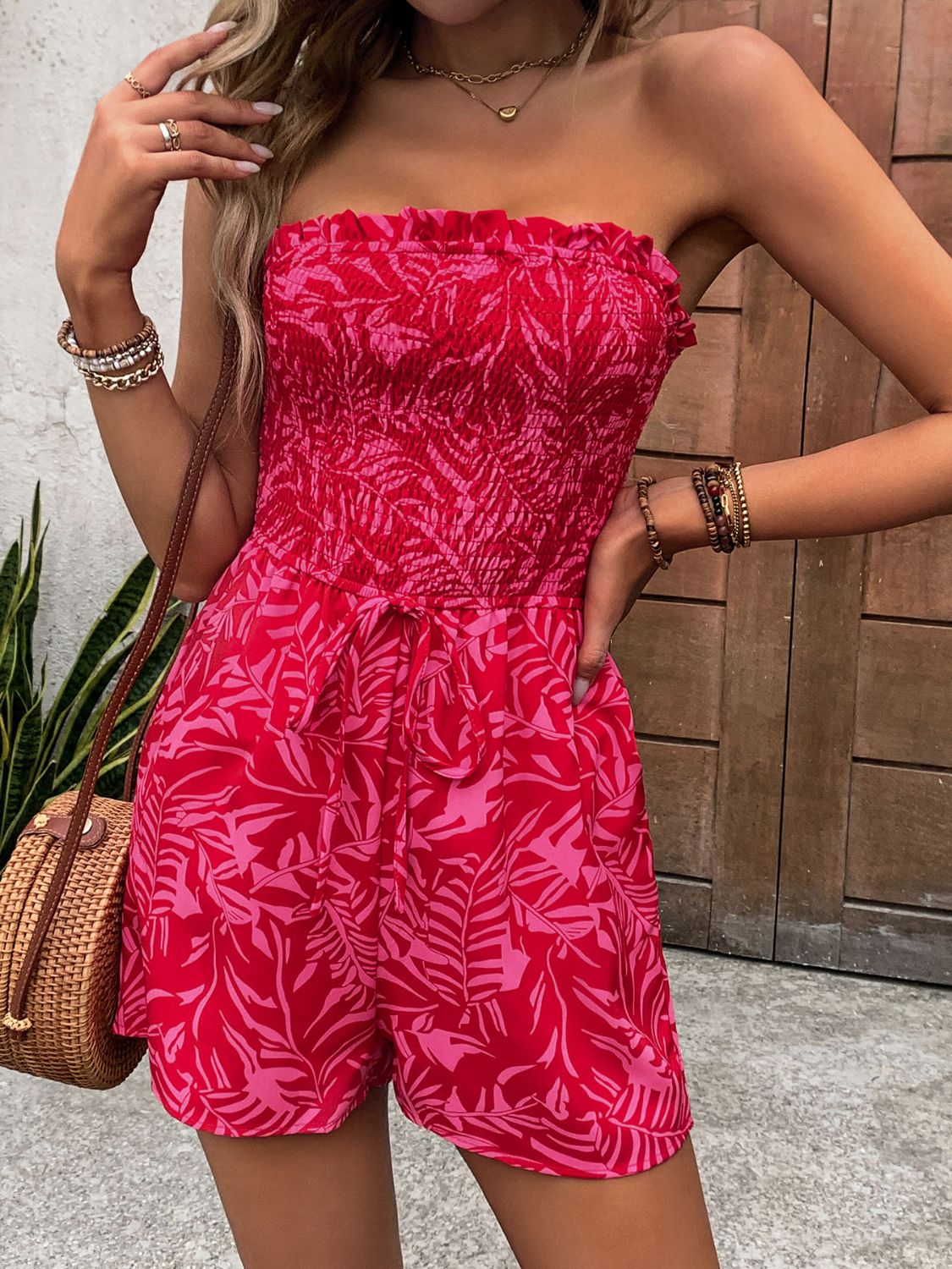 Perfee Smocked Printed Tube Romper with Pockets Trendsi