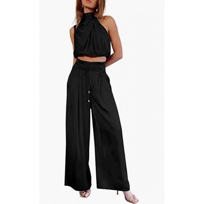 Summer Suits Casual Sleeveless Midriff-baring Top And Wide Leg Pants 2pcs Set Womens Clothing ARZ