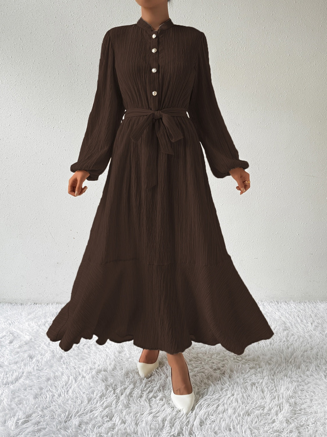 Honey Tie Waist Long Sleeve Dress Trendsi