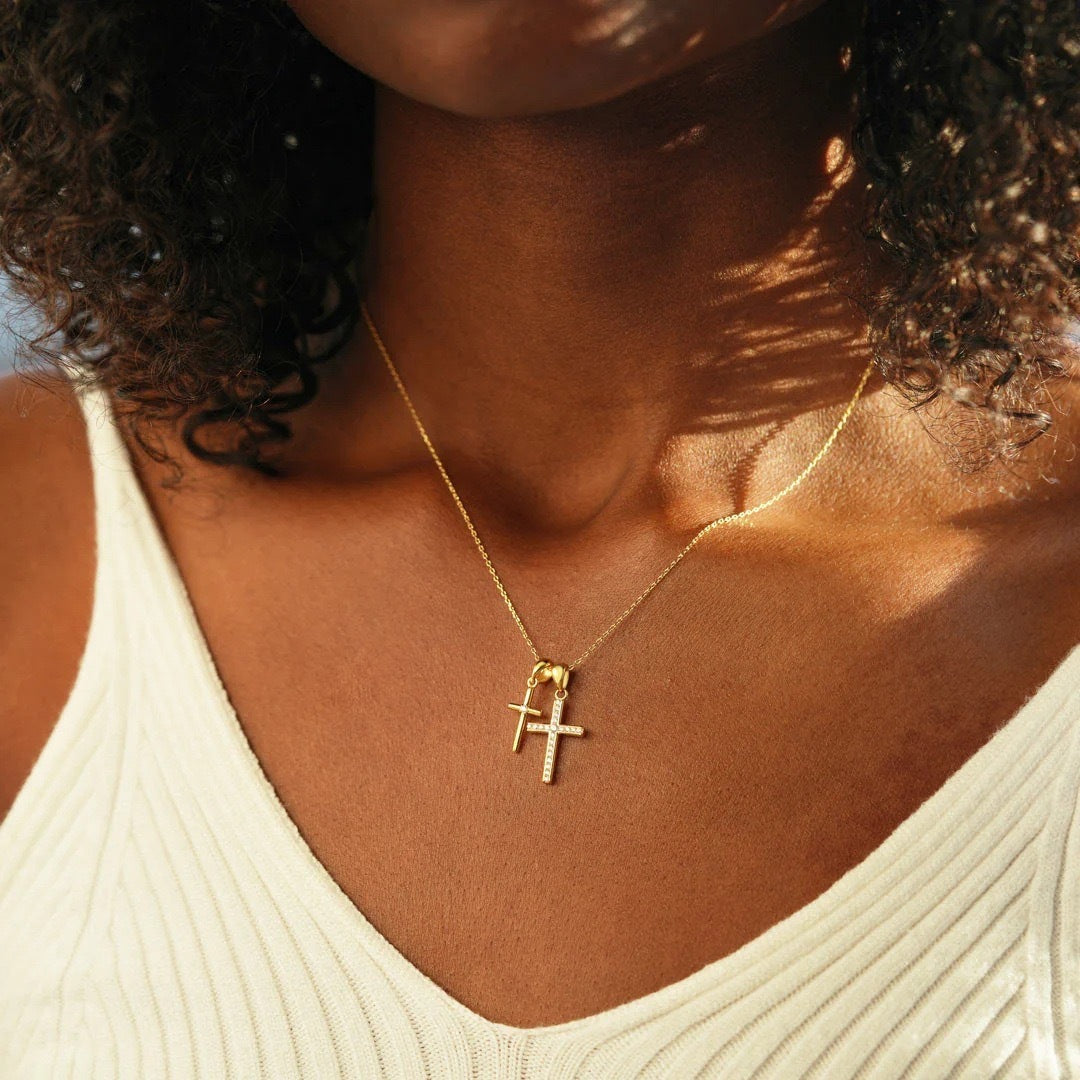 Silver Double Cross Necklace For Women ARZ