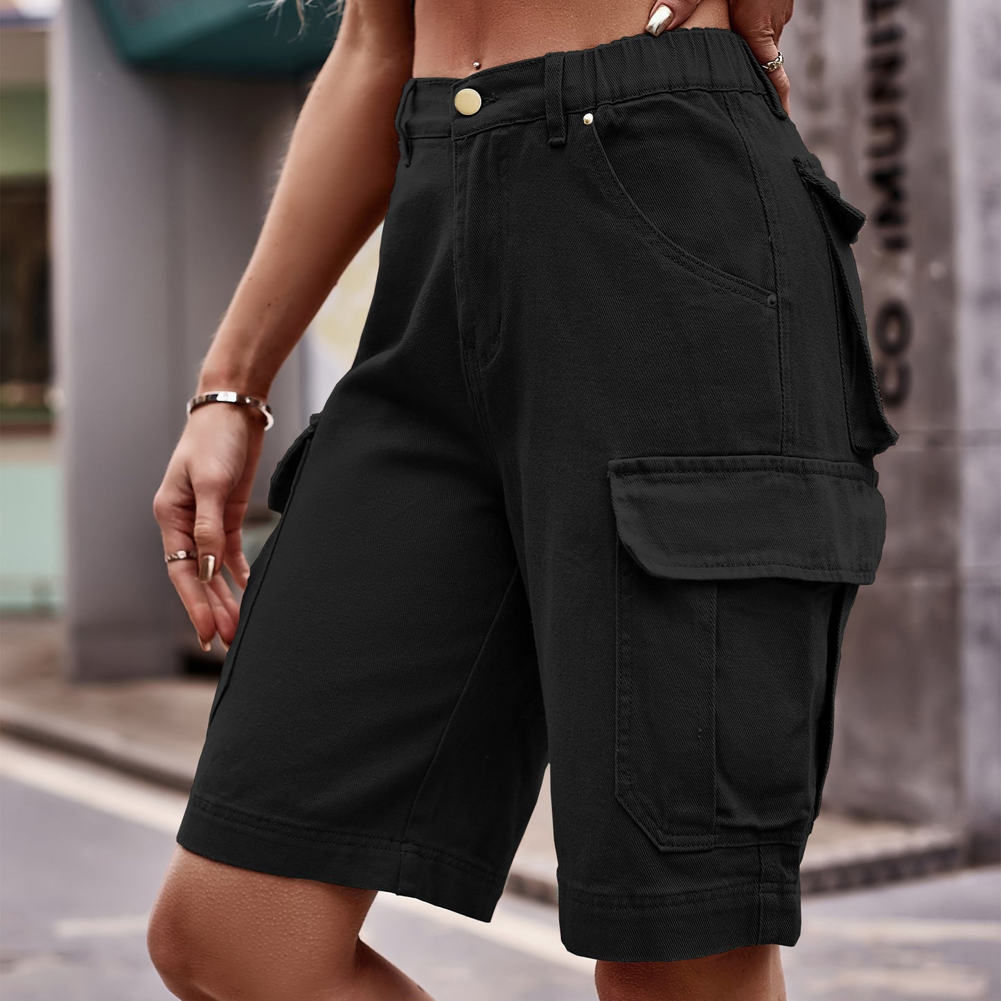 Summer Women's Elastic Waist Denim Cargo Pants Shorts ARZ