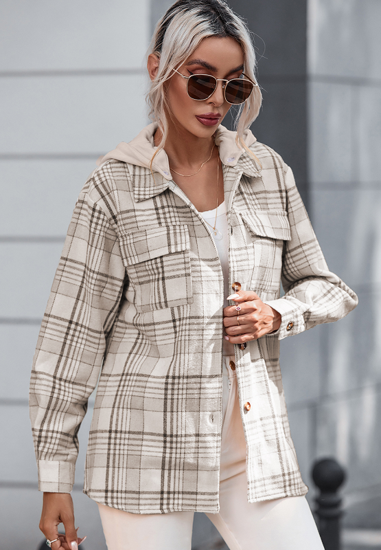 Plaid Removable Hood Button Up Shacket Trendsi