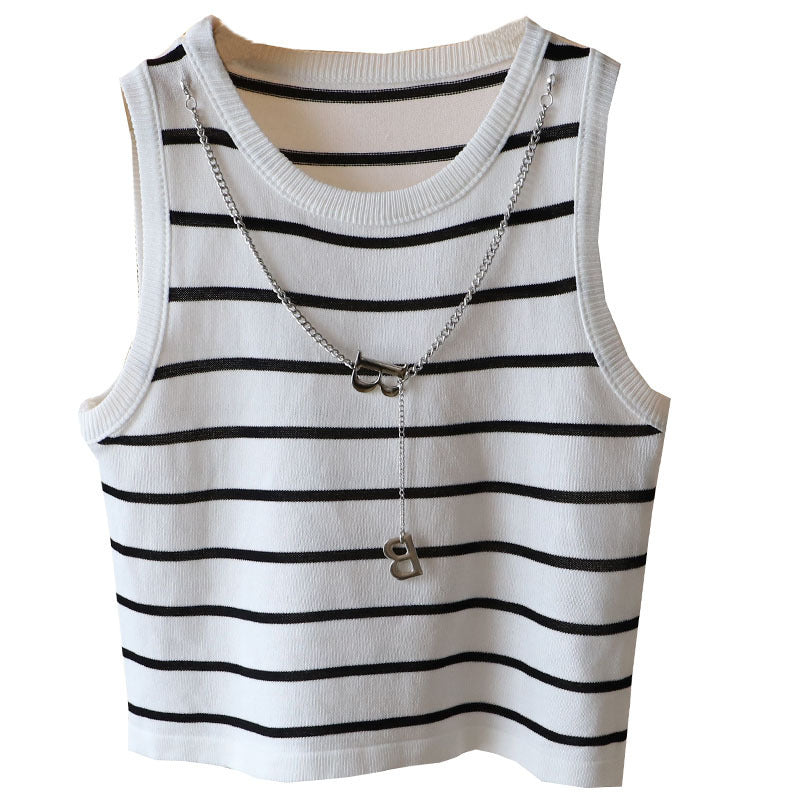 Summer Clothing New Korean Style Women's Contrast Color Striped Round Neck Vest Letter Chain Short Inner ARZ