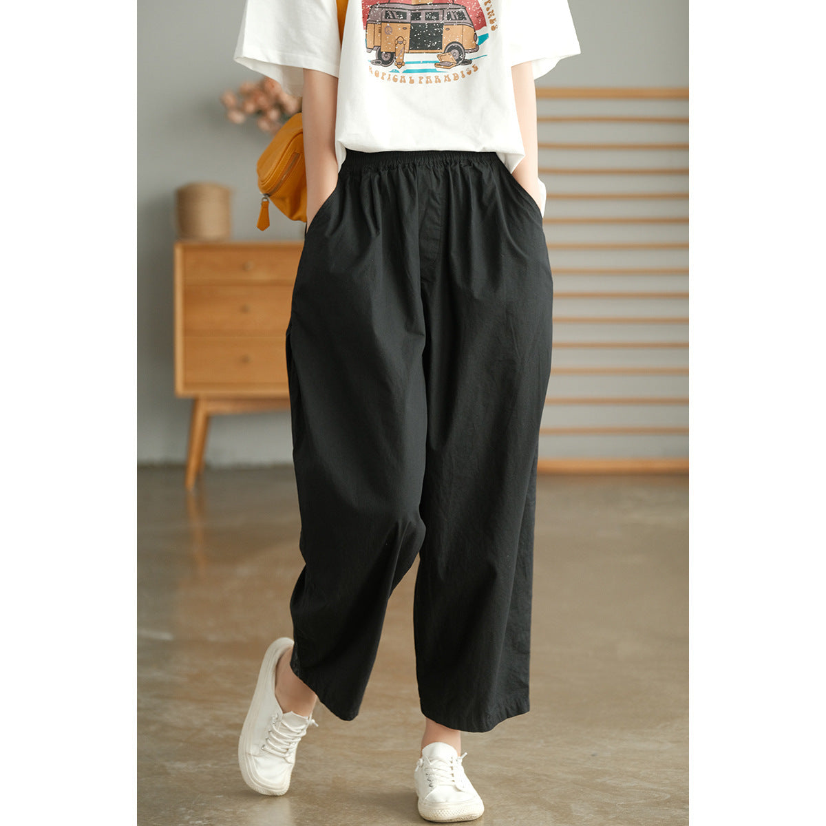 Solid Color Cotton High Waist All-matching Wide Leg Pants ARZ