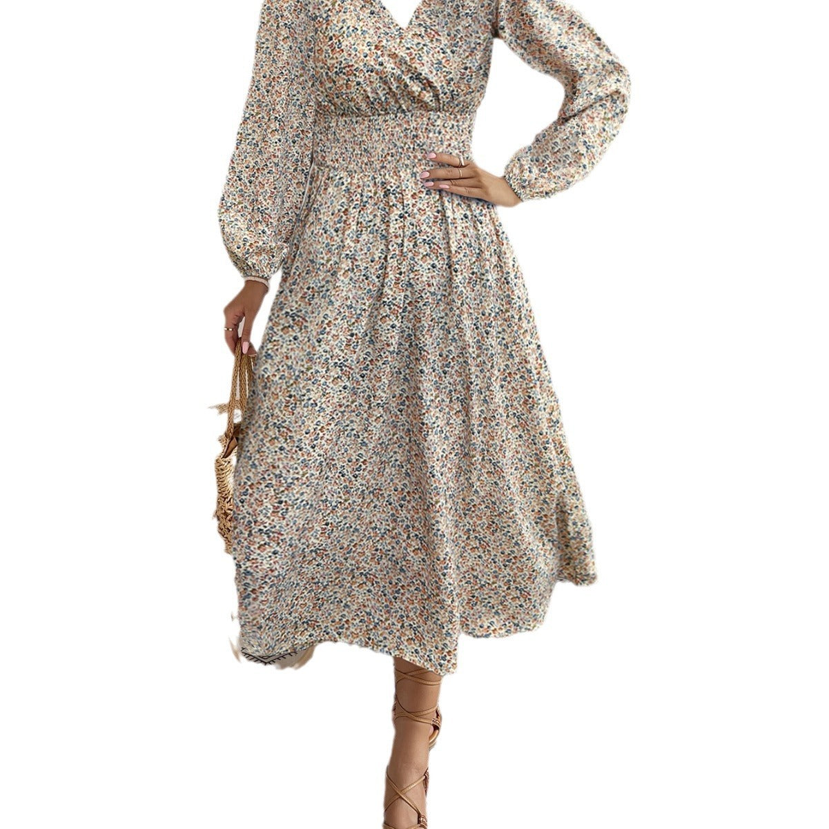 Women's V-neck Floral Print Long Sleeve Dress ARZ