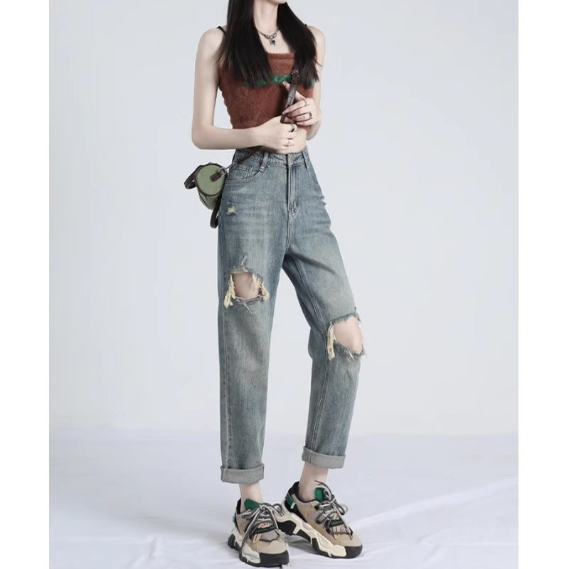 Ripped Daddy Jeans For Women Spring And Autumn 2024 New High Waist Loose Small ARZ