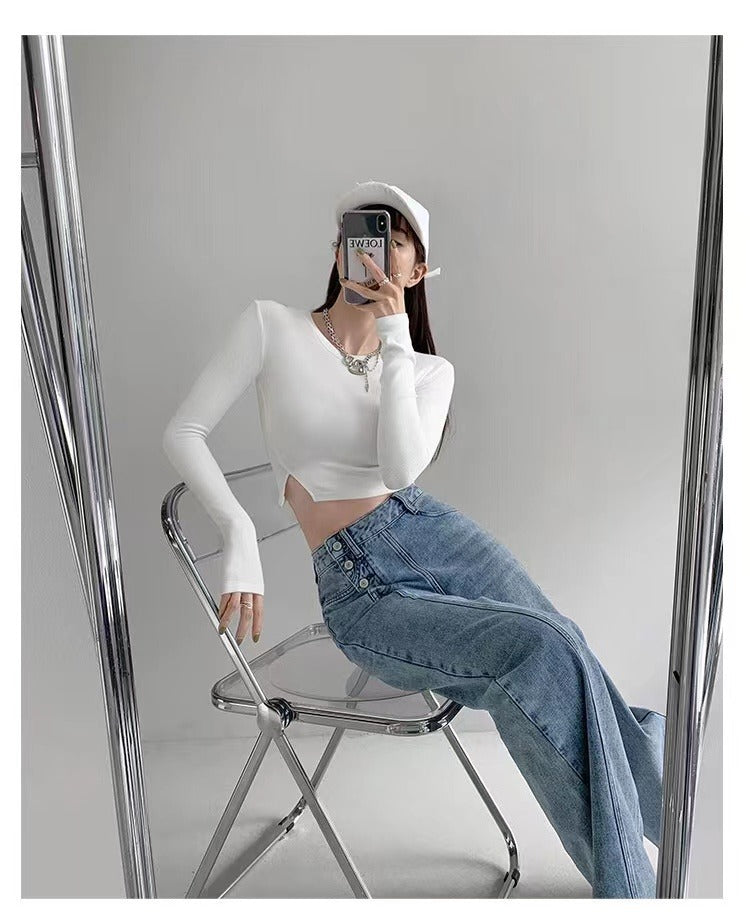 Irregular Breasted High Waist Jeans For Women Straight-leg Trousers ARZ