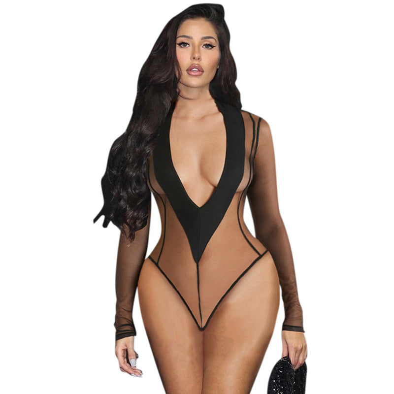 V-neck Sexy Sheer Mesh Long Sleeve Jumpsuit ARZ