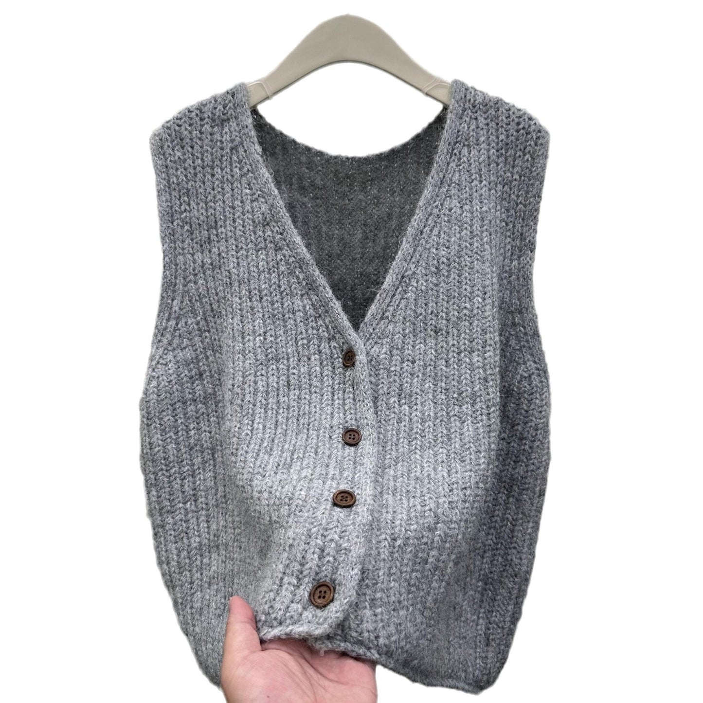 Solid Color Loose-fitting Versatile Sleeveless Cardigan Sweater Vest Women's Knitted Vest Waistcoat Top ARZ