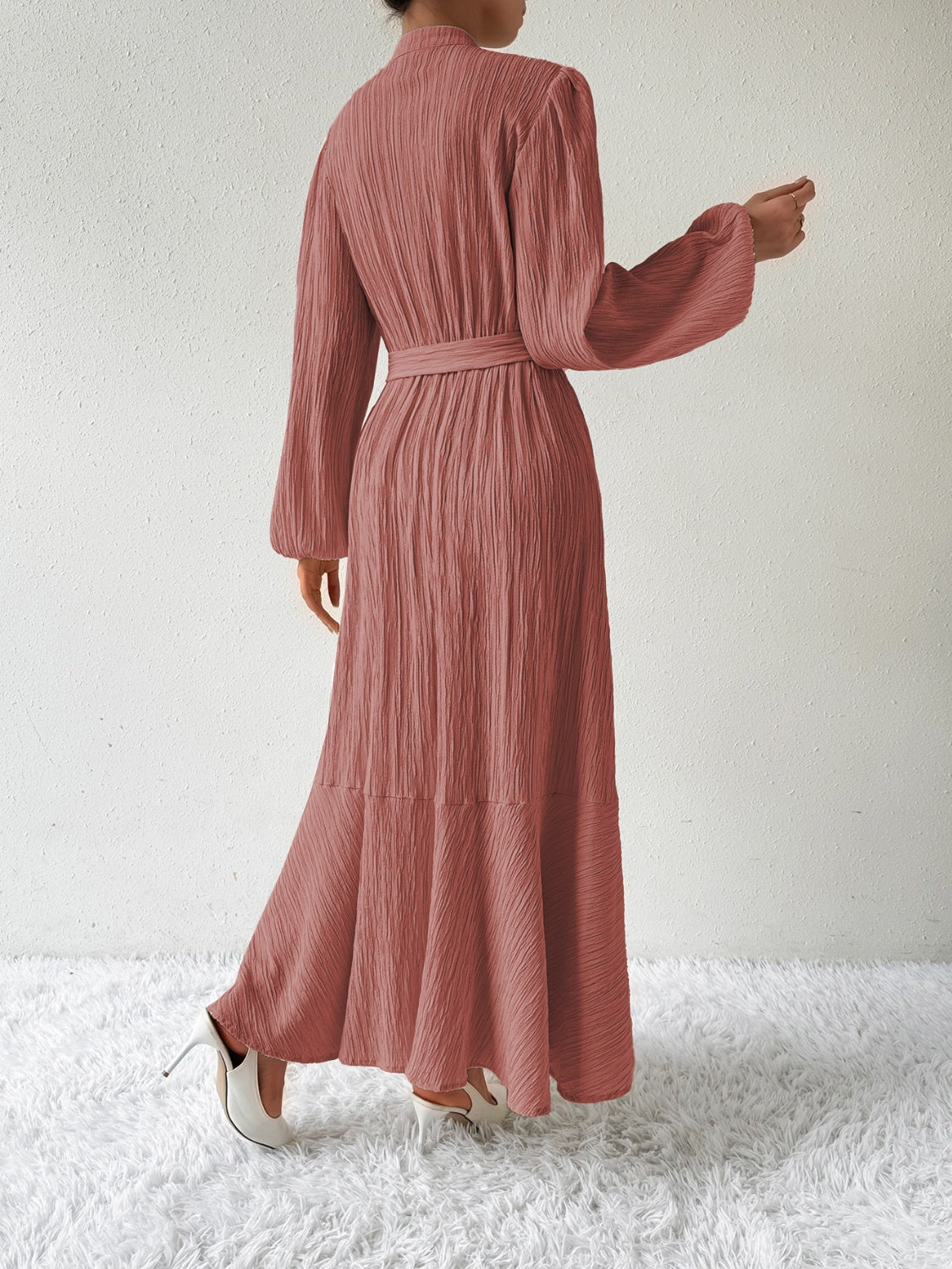 Honey Tie Waist Long Sleeve Dress Trendsi