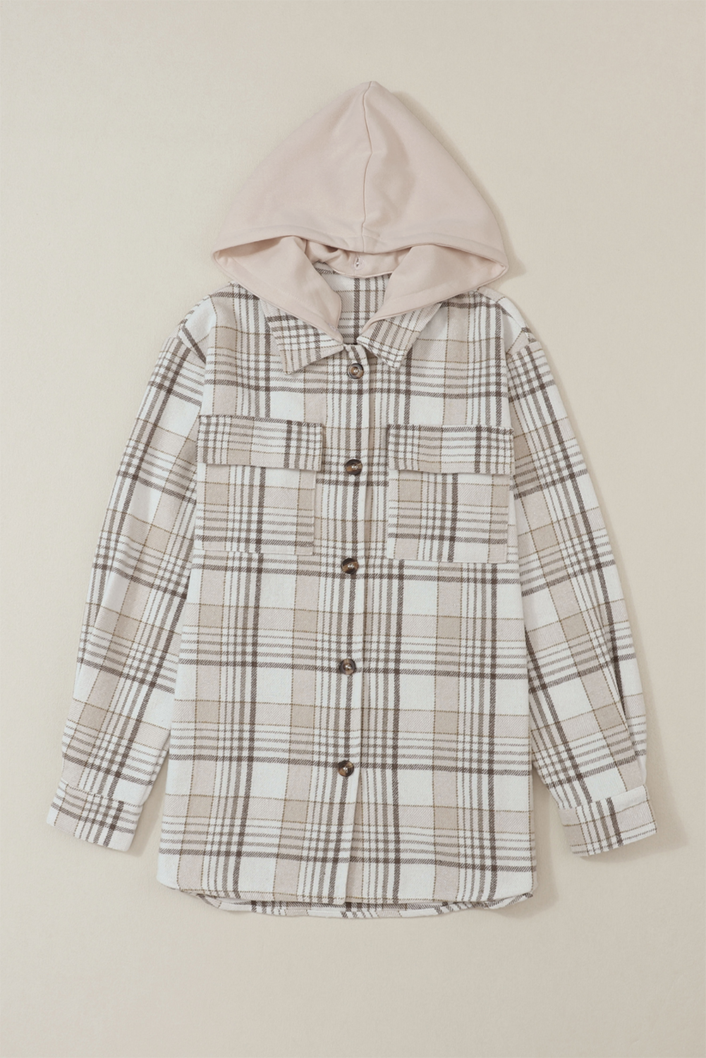 Plaid Removable Hood Button Up Shacket Trendsi