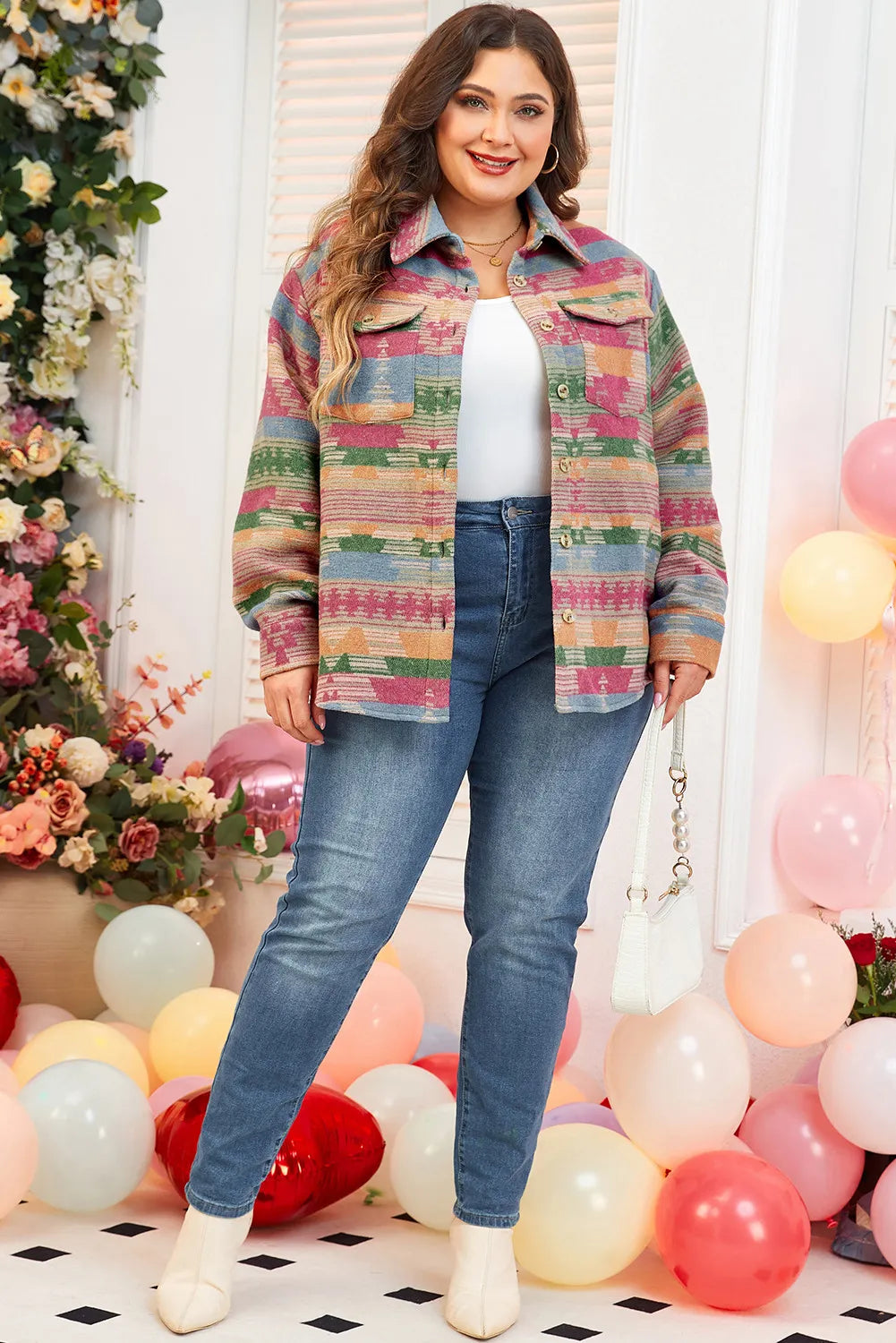 Plus Size Pocketed Printed Collared Neck Jacket Trendsi