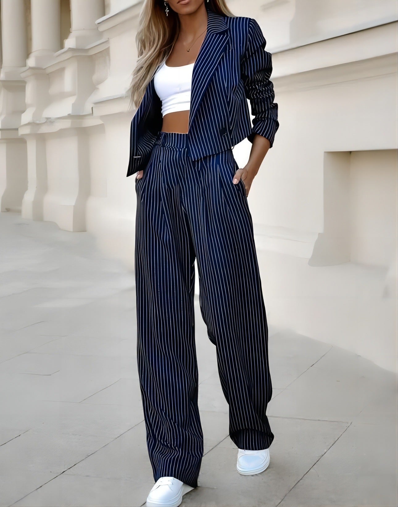 Fashion Striped Suits Casual Lapel Long Sleeve Cropped Top And Straight Pants Outfits Women's Clothing ARZ