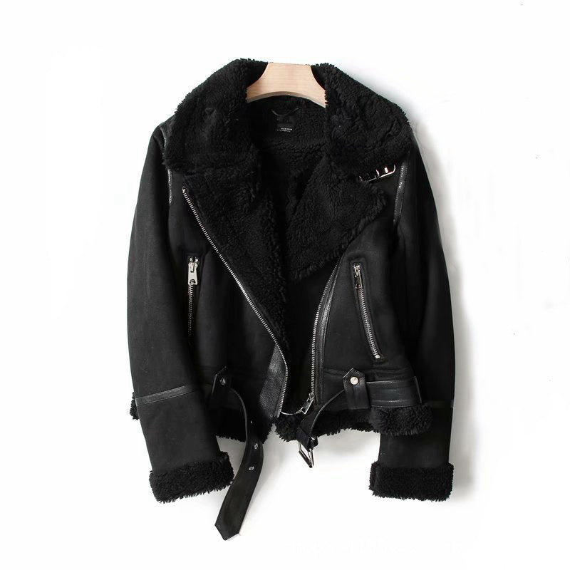 WInter Lapel Jacket Suede Lamb Wool Warm Coat Motorcycle Clothing Women Outwears ARZ