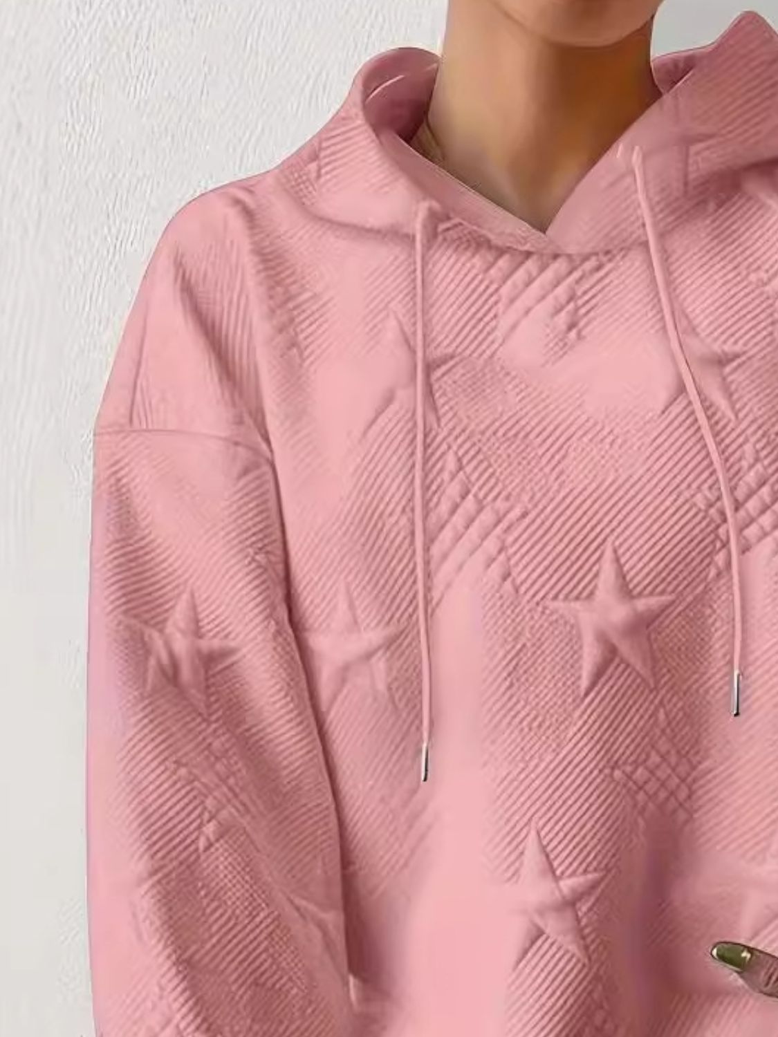 Drawstring Hoodie - Plus Size Star Texture Long Sleeve Hoodie Trendsi