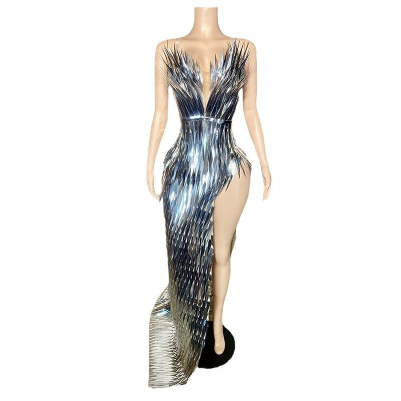 Stage Advanced Light Luxury Evening Dress Sequined Design Side Slit Tail Slim Temperament ARZ