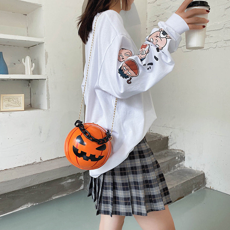 Halloween Cartoon Pumpkin Ball Handbags With Chain Personality Creative Funny Shoulder Bags For Kids Women ARZ