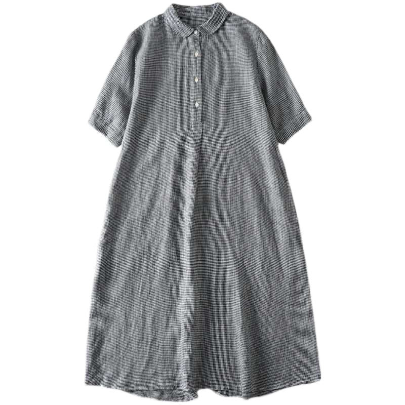 Japanese Yarn-dyed Linen Plaid Dress Retro Easy Matching ARZ