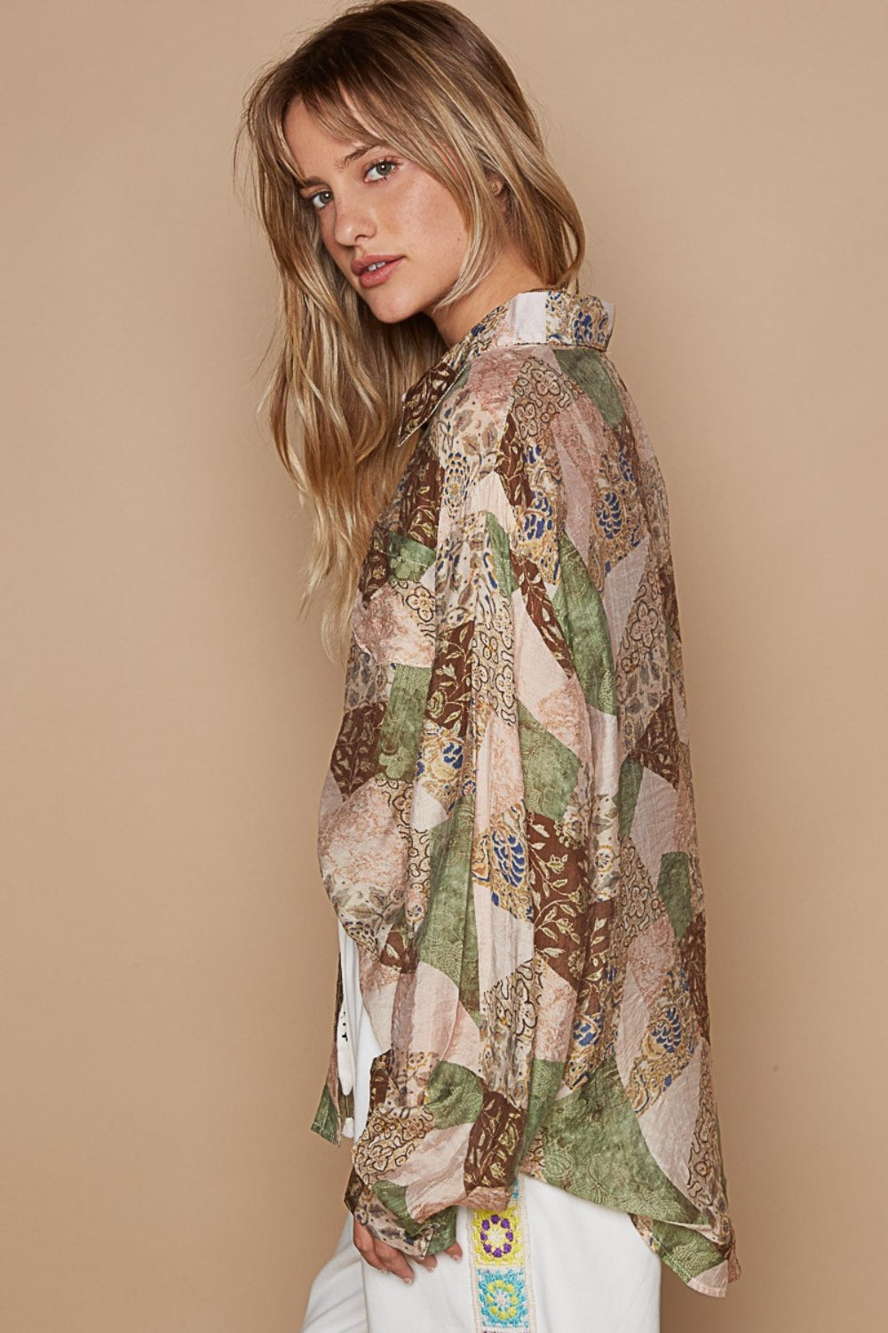 POL Button-Down Long Sleeve Printed Shirt Trendsi