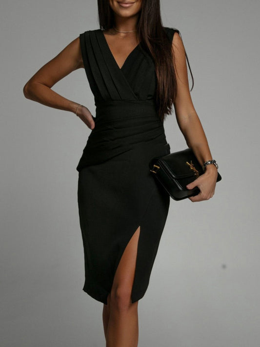 Slit Ruched Surplice Tank Dress Trendsi