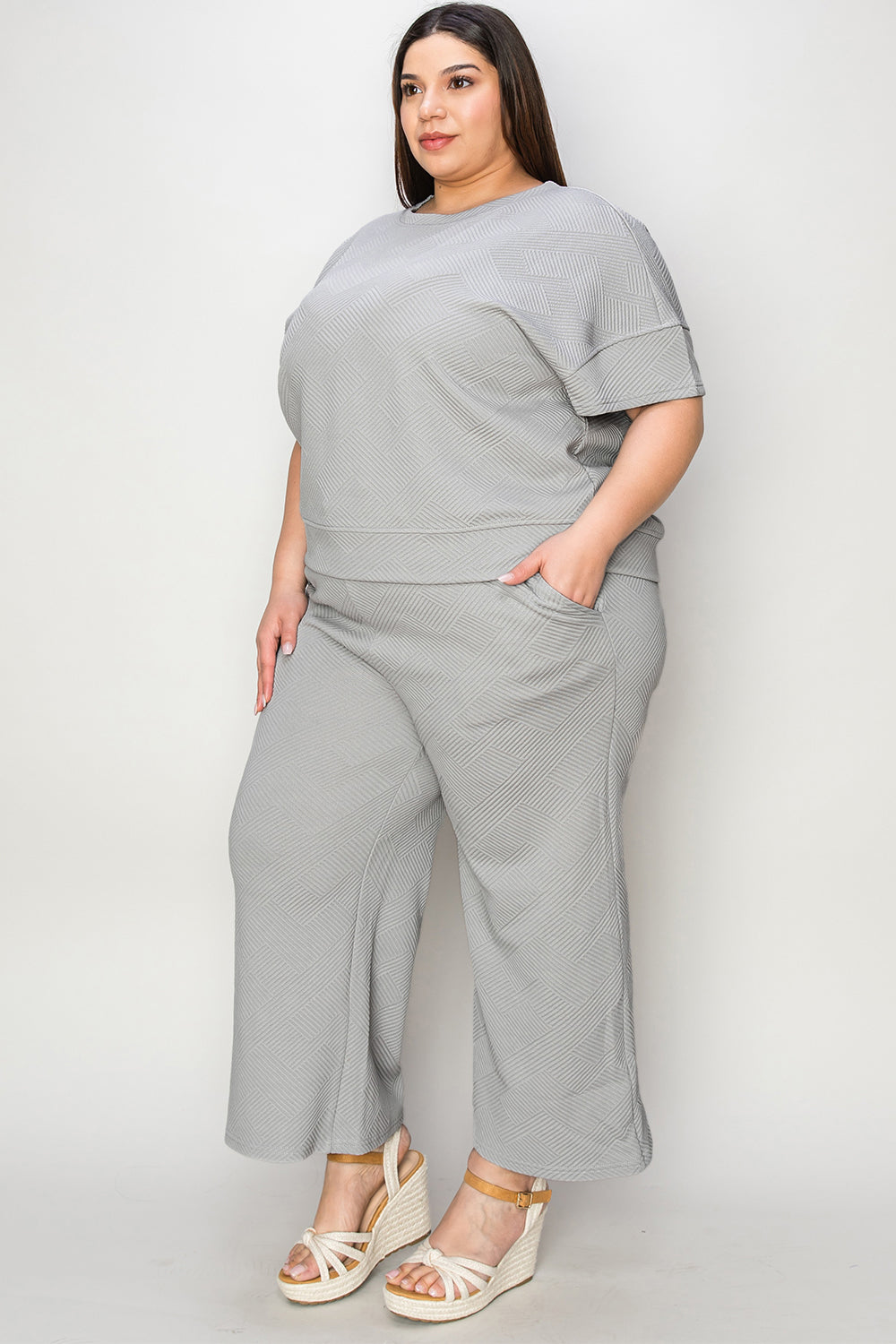 Double Take Full Size Texture Short Sleeve Top and Pants Set Trendsi