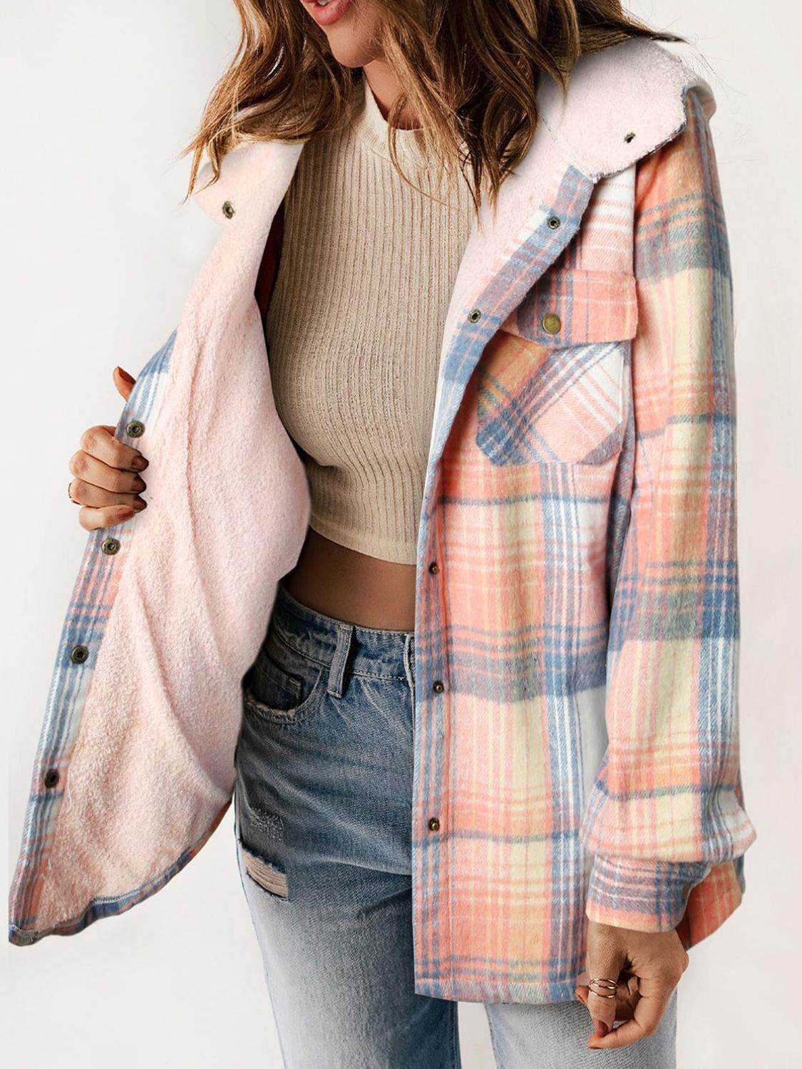 Plaid Snap Down Plush Hooded Jacket Trendsi