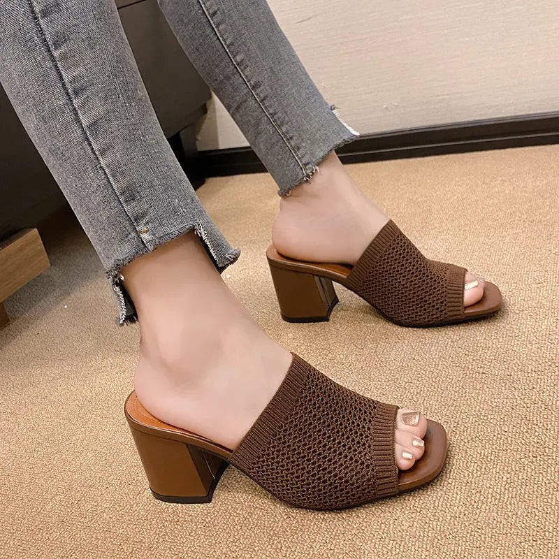 Block Heel Knit Sandals Trendsi