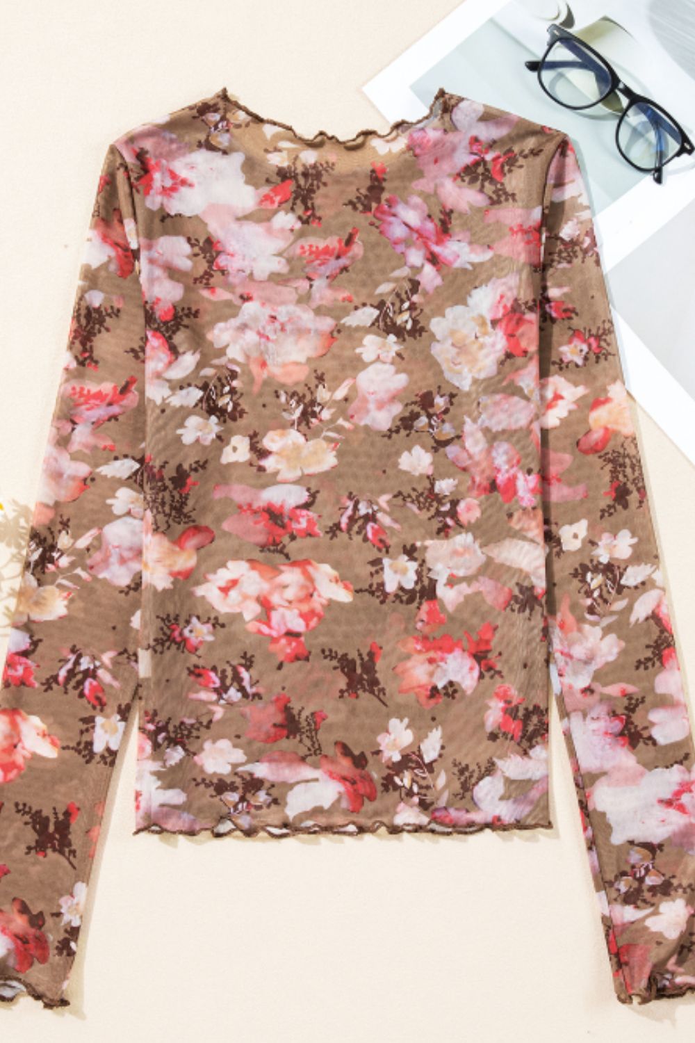 Sheer Top - Floral Mock Neck Long Sleeve Design Trendsi