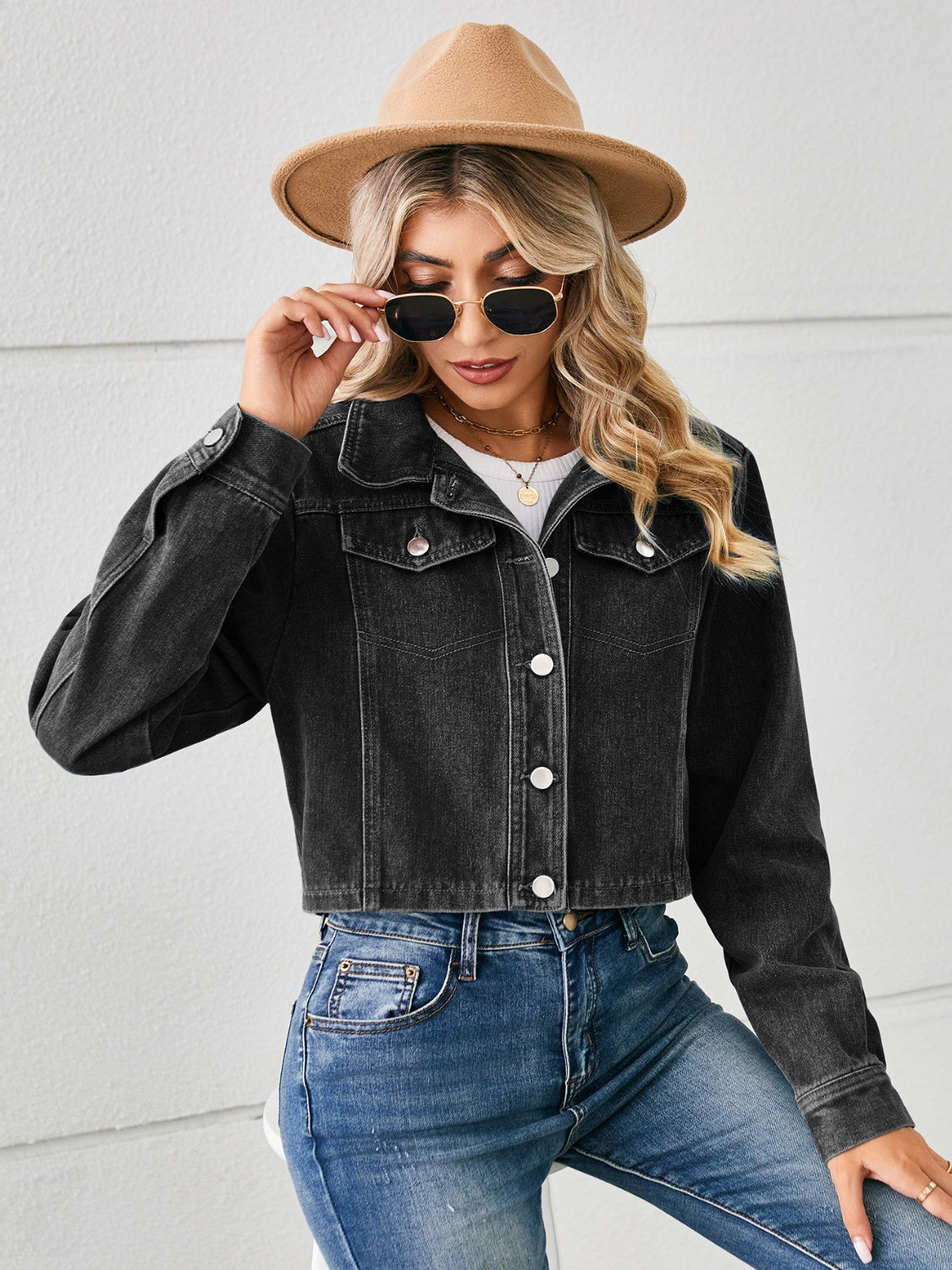 Button Up Long Sleeve Denim Jacket Trendsi