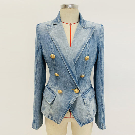 Women's Slim Double-breasted Lion Button Denim Suit Jacket ARZ