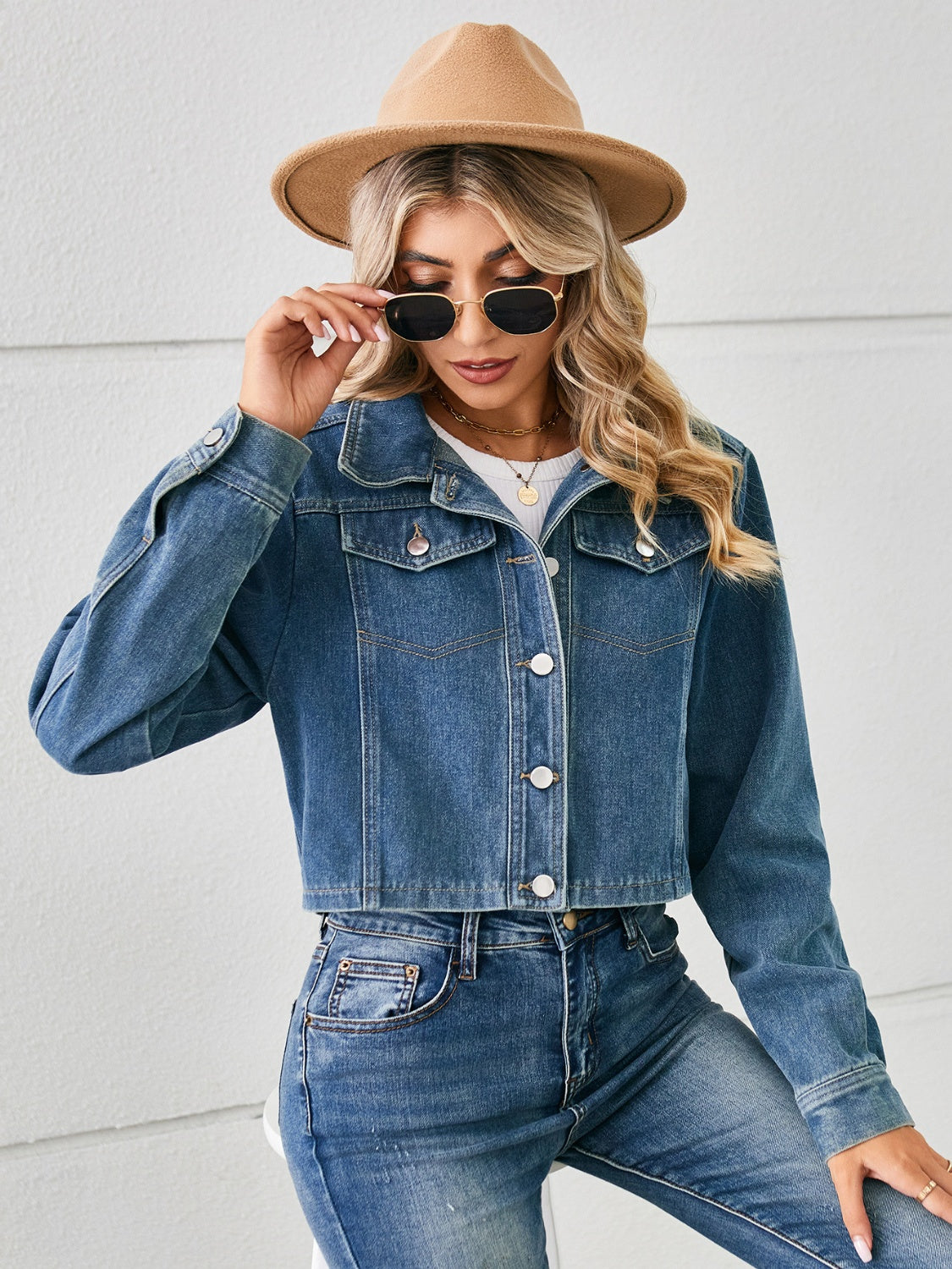 Button Up Long Sleeve Denim Jacket Trendsi