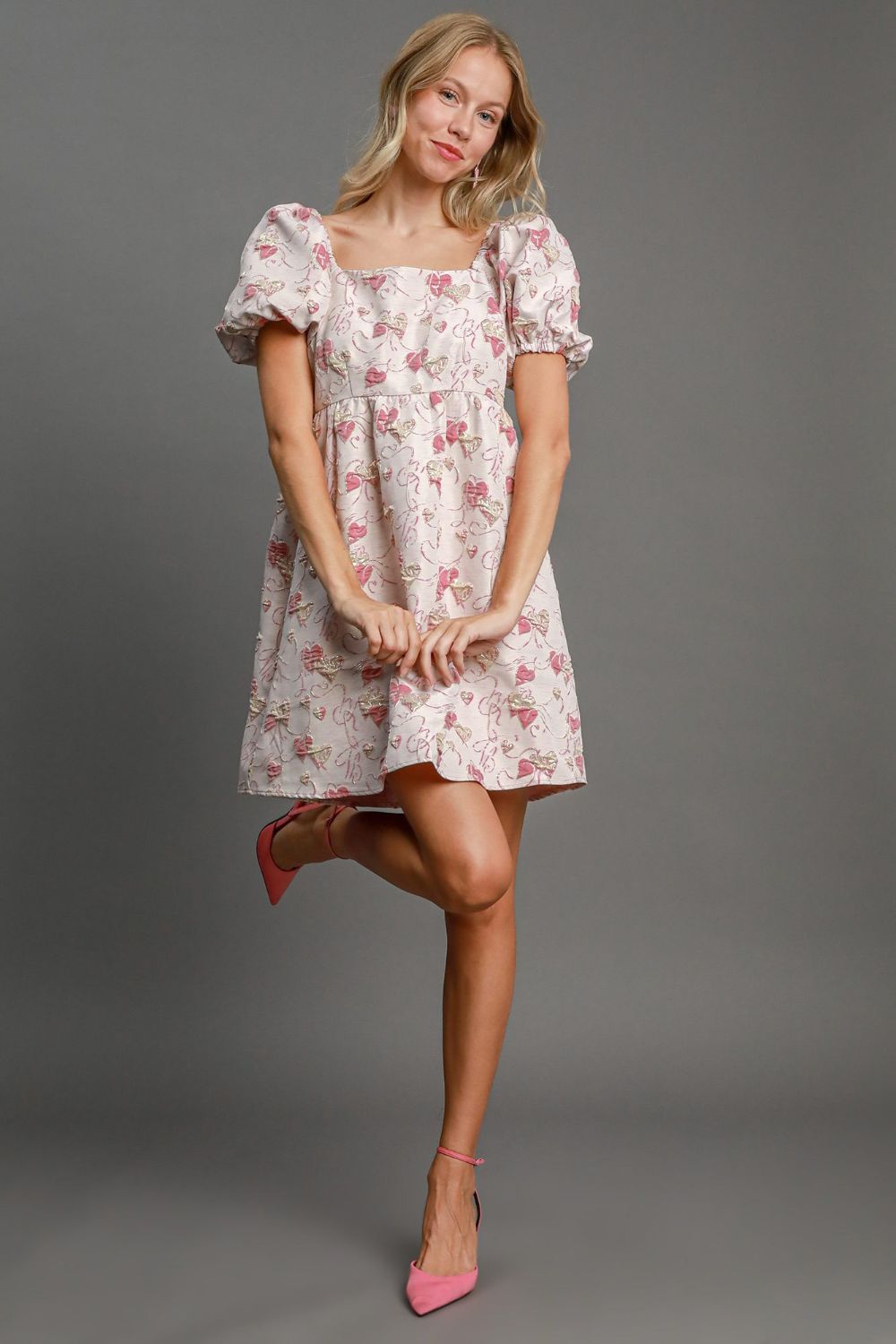 Umgee Heart Jacquard Square Neck Puff Sleeve Mini Dress Trendsi